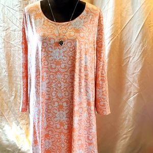 Pale Orange Print Long Sleeve Midi Dress New Directions XL